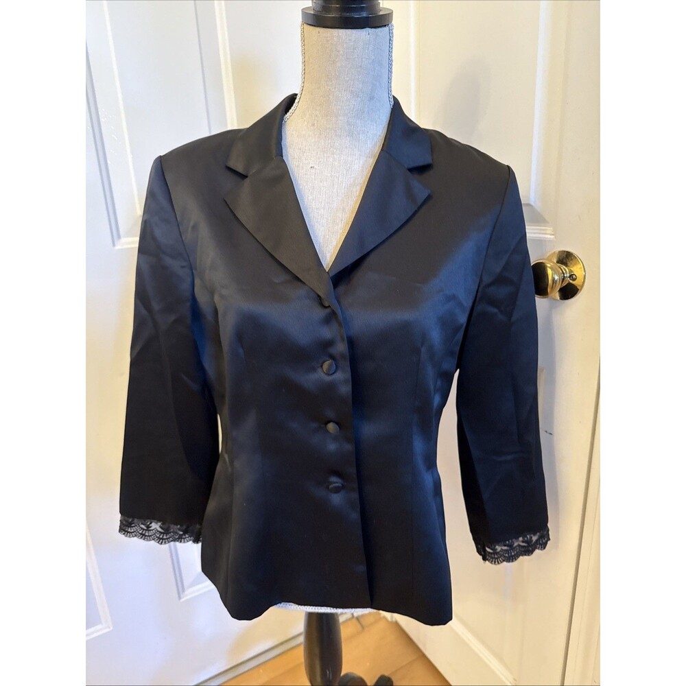 VINTAGE SATIN Y2K WHIMSYGOTH Jessica Howard Black Lace Trim Blazer Women Size 10